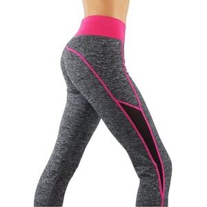 Yoga pants workout leggings with mesh cutout. Grey/black with pink.